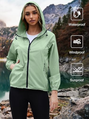 PITINAN Lightweight Rain Jacket Women Packable Wind Breaker Light Rain Jacket Women Waterproof Travel Raincoat S-XXL - color: Sage Green, size: X-Large