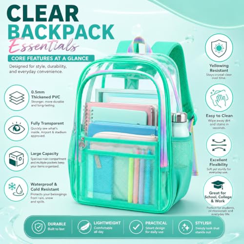 gxtvo Clear Backpack, Heavy Duty Transparent Bookbag, See Through Backpacks for Women Men | Heavy Duty - color: Chic Green Clear Backpack