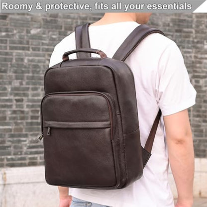 Durable Genuine Leather Backpack - 15.6 Inch Laptop Bag for Business Commute & Travel, Large Capacity Multi-Pocket Backpack for Men/Women, Coffee - color: Y80&19y Coffee