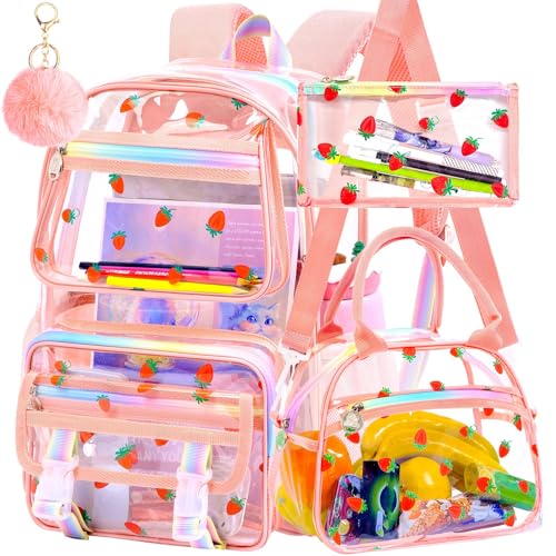 KLFVB Girls Clear Backpack Heavy Duty, 3PCS See Through School Bag Set, Cute Transparent Bookbag for Women - Strawberry Pink - color: Strawberry Pink Clear Backpack