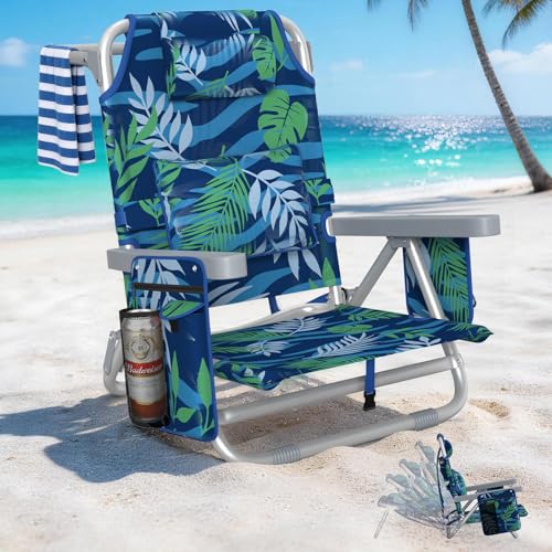 5-Position Backpack Beach Chair for Adults with Lumbar, Foldable Tall Heavy-Duty Beach Chairs with Cooler Bag,Cup Holder,Towel Rack for Beach, Camping, Outdoor