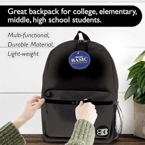 BAZIC School Backpack 16" Black, Lightweight School Bag Padded Back & Adjustable Strap for Students, Travel Bag Fit A4 Notebook, 1-Pack - color: Black, size: 16"
