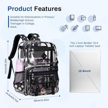 Sisipoet Clear Backpack for School, PVC Clear Bookbag Heavy Duty Transparent Backpack for Stadium Events See Through Bag - color: 1pc-black Daisy