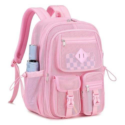 MOONBABY Mesh Backpack for School Heavy Duty See Through Net Bookbag Girls Semi-Transparent Net Back Pack for Beach, Swimming, Sports, Work, Travel (Pink) - color: Pink