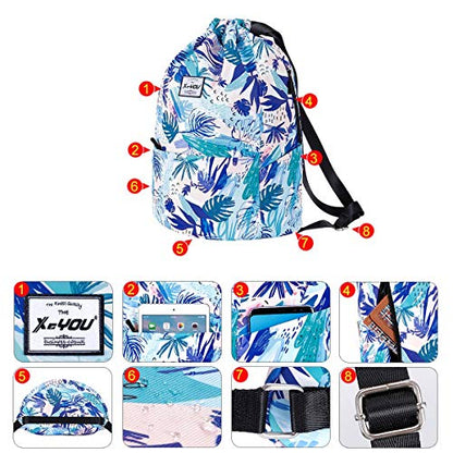 XEYOU Drawstring Sports Backpack Lightweight Gym Yoga Sackpack Shoulder Rucksack Casual Outdoor Daypack for Women and Men | Lightweight - color: Blue Leaves