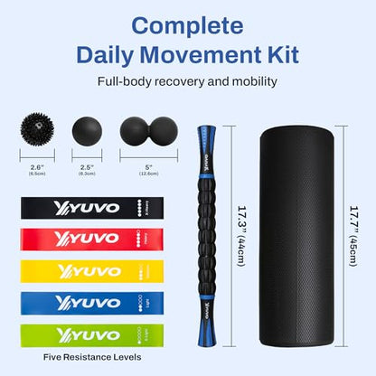 6-in-1 Foam Roller Recovery Set - 18" Trigger Point Muscle Roller, Massage Stick, 5 Resistance Bands, Massager Balls Kit with Carrying Bag - Full Body Recovery, Stretching & Exercise Equipment