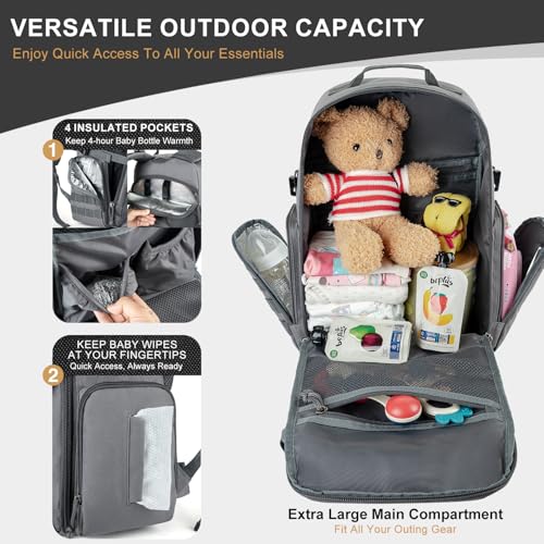 MIRACOL Diaper Bag Backpack for Dad: 900D Military-Grade Backpack with 16+ compartments - 40L XL Capacity Fits 15+ Diapers & 3 Bottles - Heavy-Duty Daddy Baby Bag for Travel & Outdoor - color: Grey