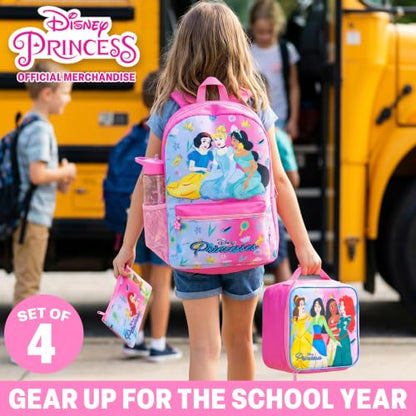 Get Trend Disney Princess Kids Backpack 4 Piece Set | 18 inch Bookbag, Insulated Lunch Bag, Zipped Pencil Case & BPA-Free Water Bottle for School & Travel, Gifts for Girls - color: Pink Princess