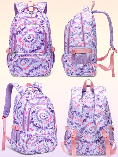 BLUEFAIRY Kids Backpack for Girls 17In Elementary Middle School Bookbag for Aged 6-8 8-10 10-12 Teens Childs Back to School Bag with Laptop Compartment Mochilas Escolares para Niñas de Tie-dye Purple - color: Light Orchid Purple