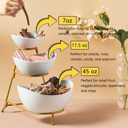 LYEOBOH 3 Tier Serving Bowls Set Tiered Serving Stand, Porcelain Oval Bowls with Collapsible Metal Stand for Entertaining, Party, Dessert Display, Candy, Chip and Dip (Gold)-45oz / 17.5oz / 7oz - color: Gold, style: Oval bowls