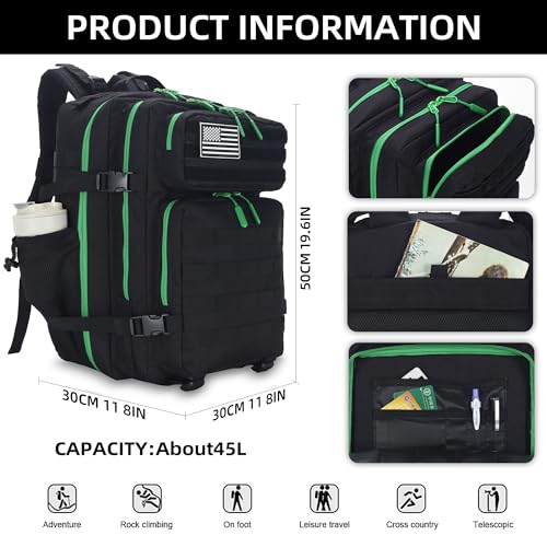 Lovelinks21 45L Tactical Assault Backpack - 3 Day Assault Pack with MOLLE Waterproof Rucksack (Back Green) - color: Back Green