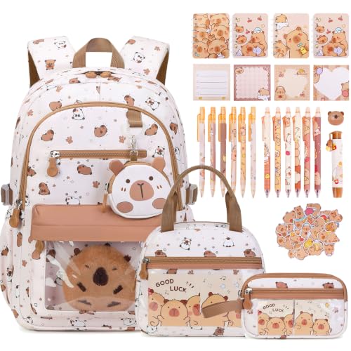 Capybara Theme Backpack for School Girls, 35PCS Kids Backpack Set with School Supplies Stationery Kit Lunch Box Pencil Case, Cute Girls Bookbag for Kindergarten Elementary Student - color: Beige