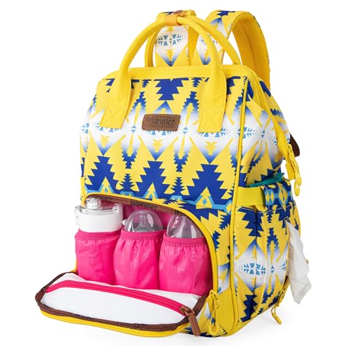Wrangler Aztec Backpack Organized Daypack Travel Baby Bag with Stroller Strap and Side Bottle Pockets - color: Angel Yellow
