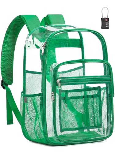 Extra Large Clear Backpack with TSA Lock, Heavy Duty Transparent See Through Clear Bookbag for College, Work, Travel, Casual Sport, Green - color: Green