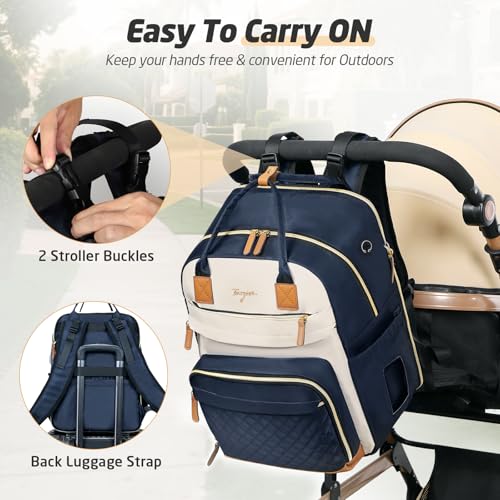 Diaper Bag Backpack - Extra Large Diaper Bag for 2 Kids Twin, Travel Baby Bags for Mom Dad 25-37L Expandable with Changing Pad Earphone Hole, Apricot Blue - color: Blue & Apricot