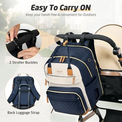 Diaper Bag Backpack - Extra Large Diaper Bag for 2 Kids Twin, Travel Baby Bags for Mom Dad 25-37L Expandable with Changing Pad Earphone Hole, Apricot Blue - color: Blue & Apricot