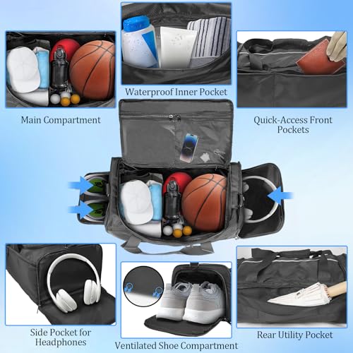 ORKELS 29L Gym Bag with Shoe Compartment, Sports Duffle Bag for Men, Travel Backpack with Wet Pocket, Tear-Resistant Overnight Bag for Fitness, Workout, and Travel