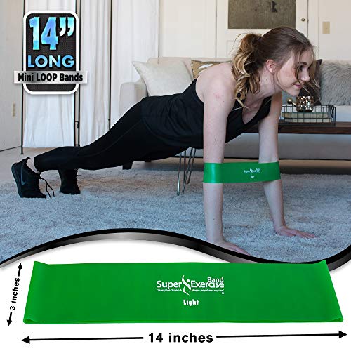 USA 14" x 3" Extra Long Latex Free Mini Loop Bands in 3, 5, 10 Pack Sets. 10 Strengths for Resistance Training, Stretching, Yoga, Toning. Plus an Exclusive iPhone App and E-Book. - color: h. Green LIGHT Loop Band 5 Pack