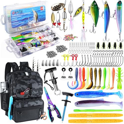 Fishing Backpack with Tackle Boxes and Rod Holder, 24L Fishing Sling Bag with Fishing Lures Kit, Fishing Gear Bag Gifts for Men Women - Black Camo Backpack - color: Black Camo Backpack