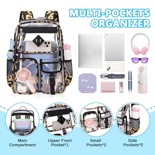 PIG PIG GIRL Clear Backpack for School,Heavy Duty PVC Transparent Bookbag for Girls Stadium Approved See Through Backpack - color: 7-black Daisy