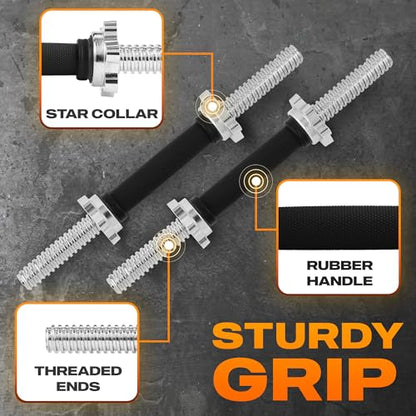 Yes4All Threaded Dumbbell Handles, Adjustable Dumbbell Bar Pair, 14/16/18/24-Inch Sizes, Fits 1" or 1.15" Plates, Non-Slip Grip, Secure Star-Lock Collars - color: 16" - Chrome & Rubber - Silver, size: 1 inch