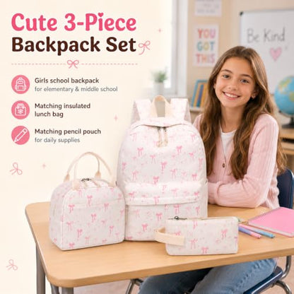BTOOP School Backpacks for Teen Girls Bookbags Lightweight Kids Backpack School Bags Set with Lunch Box Pencil Case - color: A-pink Bow