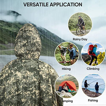 PTEROMY 3-in-1 Hooded Rain Poncho for Adult with Pocket, Waterproof Lightweight Unisex Raincoat for Hiking Camping Emergency - color: Green Digi Camo