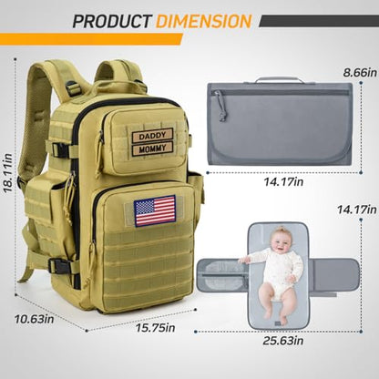 SHARKMOUTH Military Diaper Bag for Baby - Large Baby Backpack with Changing Pad for Boy Girl - Army Dad Diaper Bag for Hiking Travel Camping Trips Tan - color: Tan W/ Changing Pad