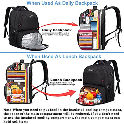 HILUSEN Extra Large Backpack for Men 50L, Insulated Cooler Lunch Box Backpack, Water Resistant 17inch Travel Laptop Work Bookbag with USB Charging Port,Black - color: Black