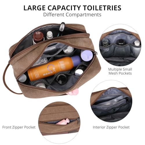 WITZMAN Canvas Toiletry Bag for Men Travel Toiletries Dopp Kit Multi-pocket - color: Brown