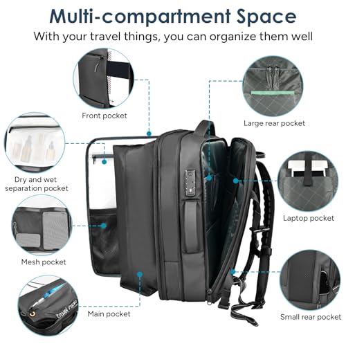 travel inspira Vacuum Compression Backpack 65L, Carry On Backpack with Electric Pump, TSA Lock, Water Resistant, Laptop Compartment for Travel, Camping, Business, Weekend Trips - color: Black Carry on