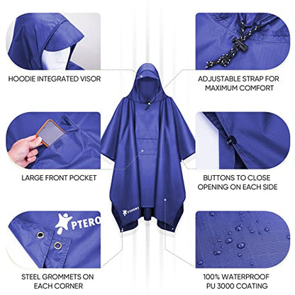PTEROMY 3-in-1 Hooded Rain Poncho for Adult with Pocket, Waterproof Lightweight Unisex Raincoat for Hiking Camping Emergency - color: Blue