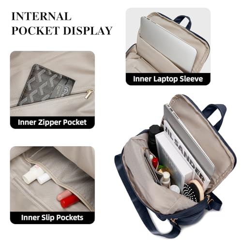 KKXIU Backpack Purse for Women - Multi-pocket Leather backpack for Travel, Work & School with Anti-Theft Lock Pocket, Luggage Strap & Water Bottle Pockets - 13x14x5.2 Inch (Navy) - color: Navy