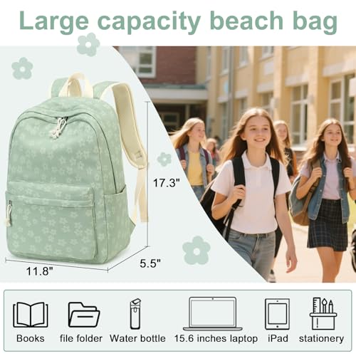 LEDAOU School Backpack for Teen Girls Elementary Middle School Bookbag Kids Backpacks Women Laptop Backpack Travel Daypack - color: Little Flower Green