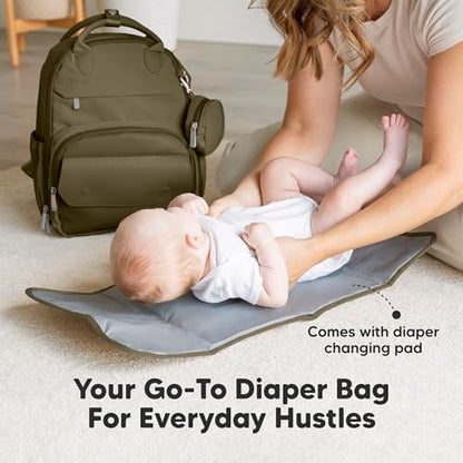 KeaBabies Diaper Bag Backpack - Small Multifunctional Travel Diaper Back Packs, Maternity Baby Changing Bags, 12L Capacity, PU Leather, Waterproof, Unisex, Nappy Changing Pad (Dark Olive, Small) - color: Dark Olive, style: Small / 13" H