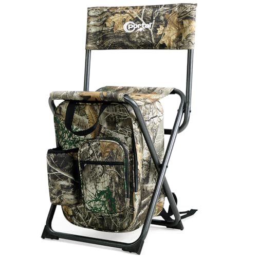 Portal Backpack Cooler Chair Fishing Chairs with Backrest Folding Camping Stool Compact for Outdoors Hiking Hunting Travel, Supports 350 lbs Capacity - color: Camo