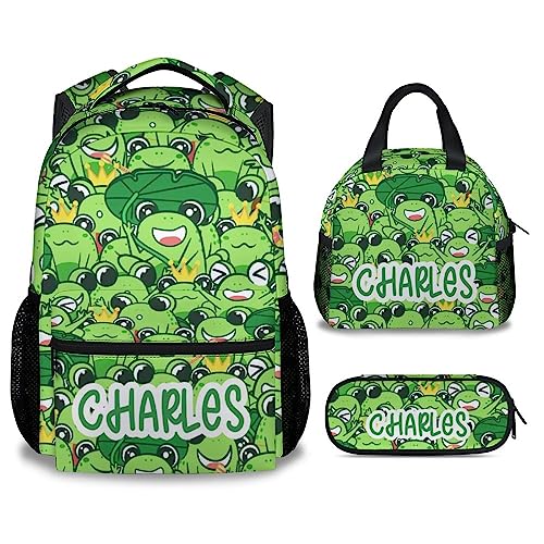 Mercuryelf Personalized Frog Girls Boys Backpack with Lunch Box Set, 3 in 1 School Travel Backpacks Matching Combo, Cute Green Bookbag and Pencil Case Bundle - color: Frog-3-3