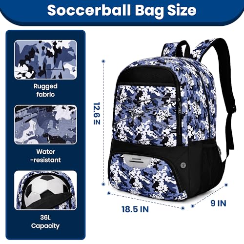 Hsmihair Soccer Bag-Soccer Backpack&Backpack for & Football Volleyball & Basketball,with Ball Compartment and Separate Cleat - color: BlueCamo