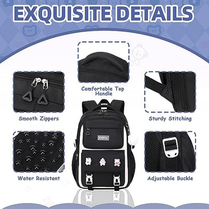 Girls Backpack, 3pcs Sets Kids Backpack for Girls with Anti-theft Back Pocket, Lightweight School Backpacks Water Resistant Lunch Bag with Pencil case for Elementary Primary School, Black - color: Black 3pcs
