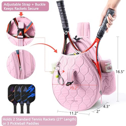 Quilted Tennis Bag for Women – Tennis Backpack & Crossbody Sling | Holds 2 Rackets or 3 Pickleball Paddles | Lightweight Badminton Racket Bag, Tennis Tote & Sports Backpack - color: Pink