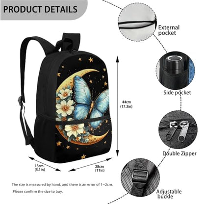 ZOUTAIRONG Backpack for School Lightweight Small Thermos School Bags for Boys Girls 7-10/10-12/12-16, Blue Butterfly Moon Flower Large Capacity Casual Backpack with Side Pockets - color: Blue Butterfly Moon Flower