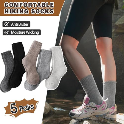 MOGGEI 5 Pairs Womens Merino Wool Socks Hiking Warm Winter Thick Thermal Crew Cozy Cabin Ladies Gift Comfy Boot Work Socks - color: Khaki/Black/Grey/White