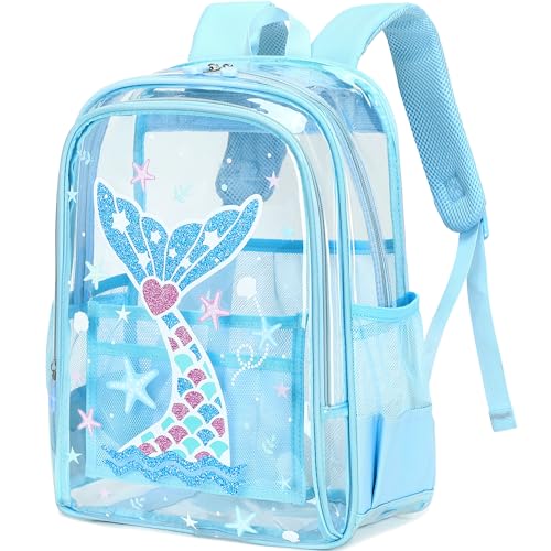 AO ALI VICTORY Clear Backpack for School,PVC Transparent Kids Bookbag for Girls Boys Cute Toddler Back Pack Kindergarten Elementary Schoolbag Stadium Approved See Through Backpacks, Blue Mermaid - color: Blue Mermaid