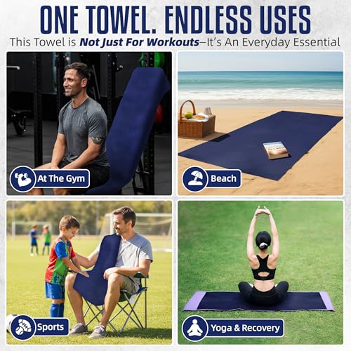 CHEEKY WINX Hooded Microfiber Gym Towel – Highly Absorbent Car Seat Towel with Carry Bag – Double-Sided Sweat Towel, Reversible, Quick Dry & Sand-Resistant Fabric, Navy Blue, 130 x 60cm - color: Navy Blue