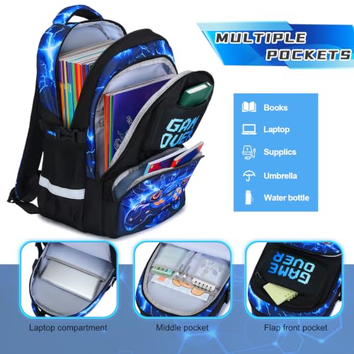 Scothen 3PCS Boys Backpack Set, Cool Backpack for Boys with Lunch Bag & Pencil Case, Kids School Bag Teen Boy Bookbag for Kindergarten Elementary Middle School with USB Charging Port - color: Blue Lightning