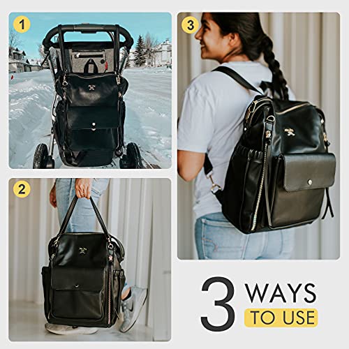 Miss Fong Leather Diaper Backpack - Baby Diaper Bag with 13 Pockets, Changing Pad, Stroller Straps, 4 Insulated Pockets (Black) - color: Black