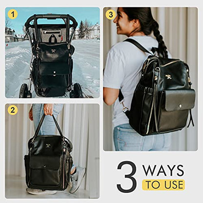 Miss Fong Leather Diaper Backpack - Baby Diaper Bag with 13 Pockets, Changing Pad, Stroller Straps, 4 Insulated Pockets (Black) - color: Black