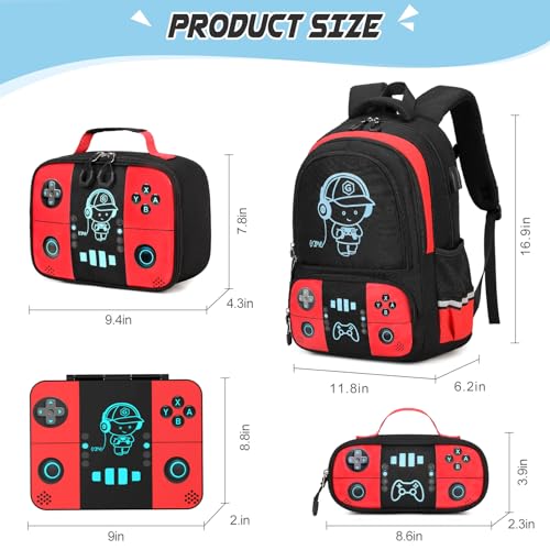 Bevalsa Backpack for Boys with 43OZ Bento Lunch Box,Insulated Lunch Bag & Pencial Case,Cool Luminous Gamer Schoolbag for Kids Teens Elementary Middle School,Bookbag Glow In The Dark - color: Red, style: Backpack With 43oz Bento Box