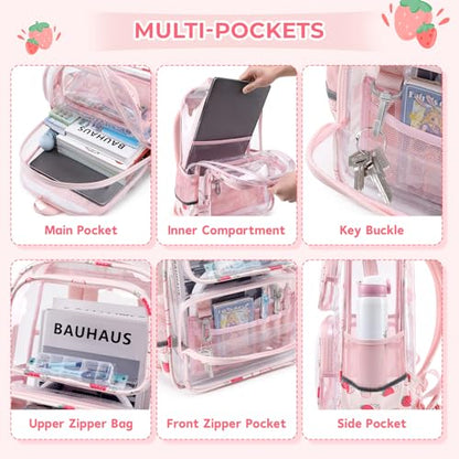 Sisipoet Clear Backpack for Girls with Strawberry Print, Heavy Duty Transparent Bookbag for School, Stadium, and Concert, Pink - color: Pink/Strawberry