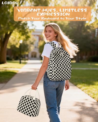 LOIDOU Backpack for Teen Girls Bookbags School Backpack with Lunch Box and Pencil Case 3 in 1 School Bags Set - color: Black and white check